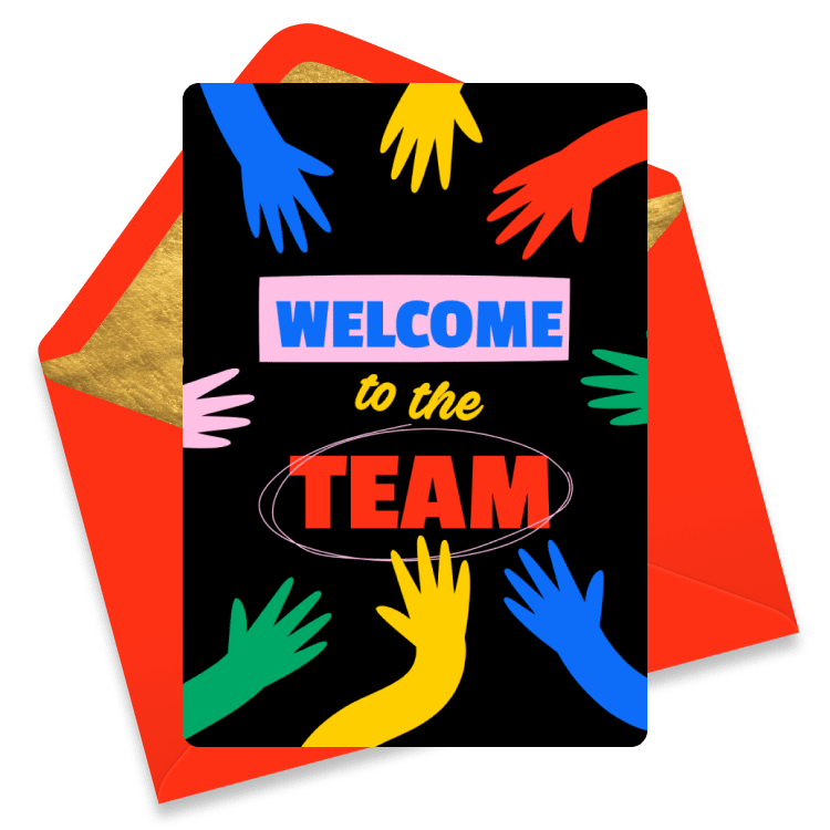 Bold welcome eCard with colorful hands reaching in from all sides around the text 'WELCOME to the TEAM' on a black background.