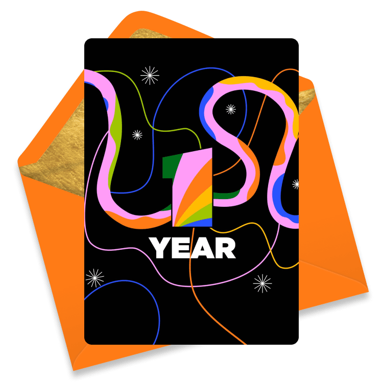 Festive eCard with a large number '1' in rainbow colors and the word 'Year' below, surrounded by colorful streamers on a black background.