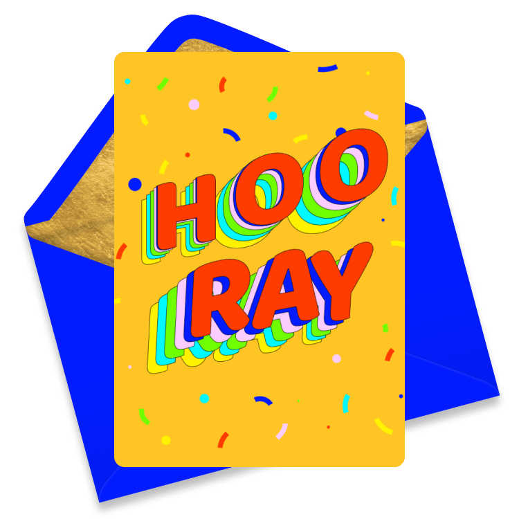 Vibrant eCard with the bold word 'Hooray' in colorful block letters on a yellow background with confetti.