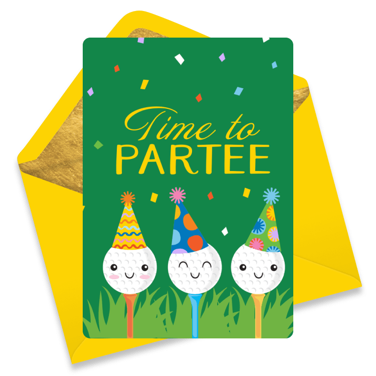 Playful eCard with three smiling golf balls on tees wearing party hats, surrounded by confetti, with the text 'Time to Partee'.
