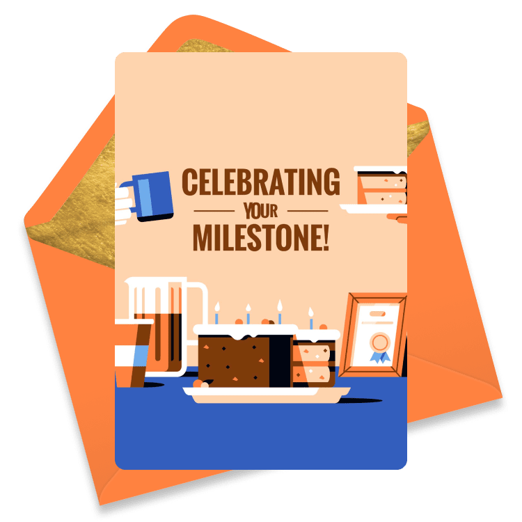 Festive eCard with slices of cake, a mug, and a framed award, with the words 'Celebrating Your Milestone!' on a peach background.