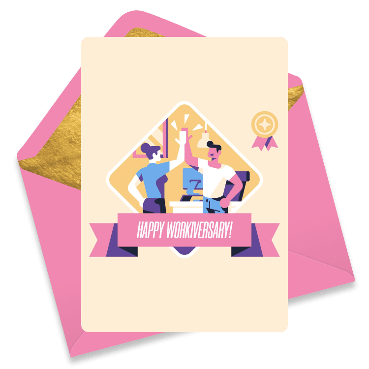 Cheerful eCard with two coworkers high-fiving, surrounded by office decor, with a ribbon banner reading 'Happy Workiversary!'.