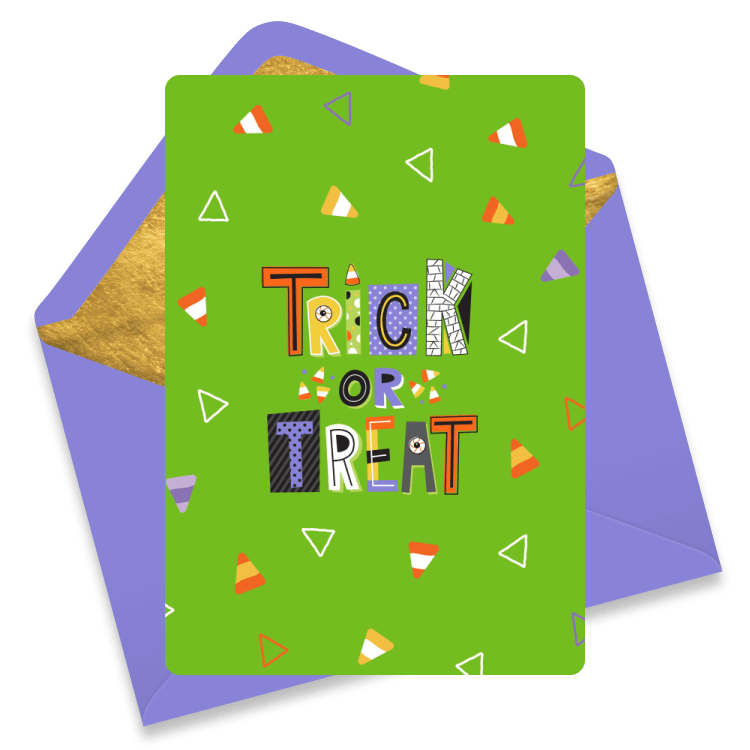 Halloween eCard with green background, candy corn, triangles, and colorful text 'Trick or Treat'.