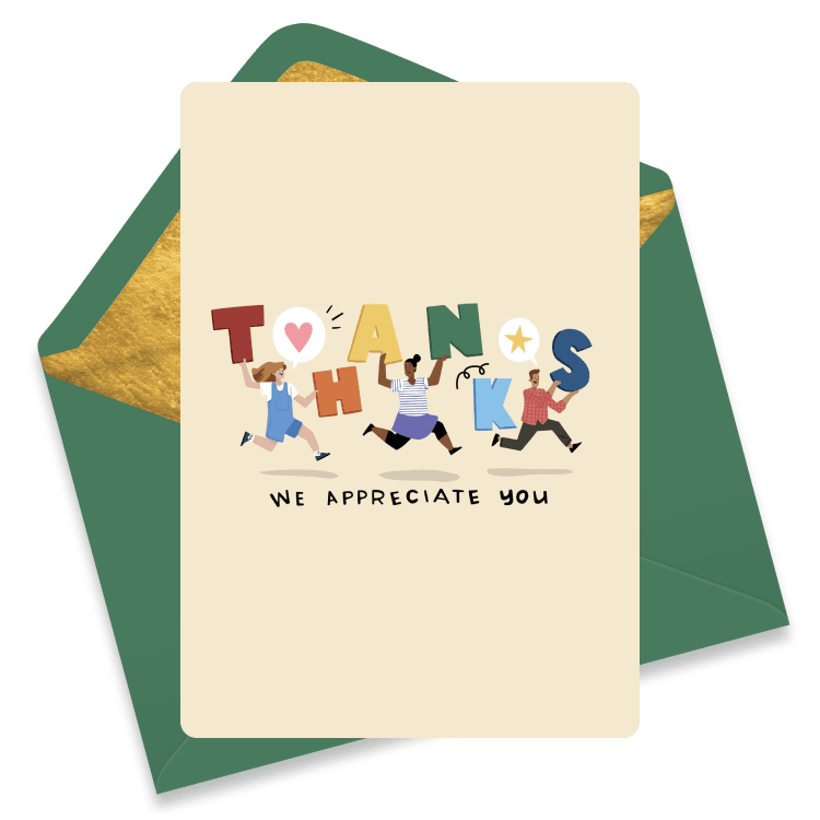 Green thank you eCard featuring colorful letters and abstract shapes to express appreciation.