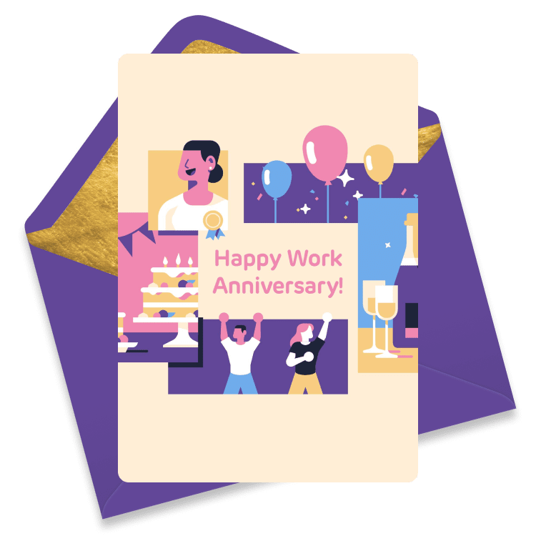 Festive eCard featuring balloons, cake, champagne, and celebrating colleagues with the text 'Happy Work Anniversary!'.