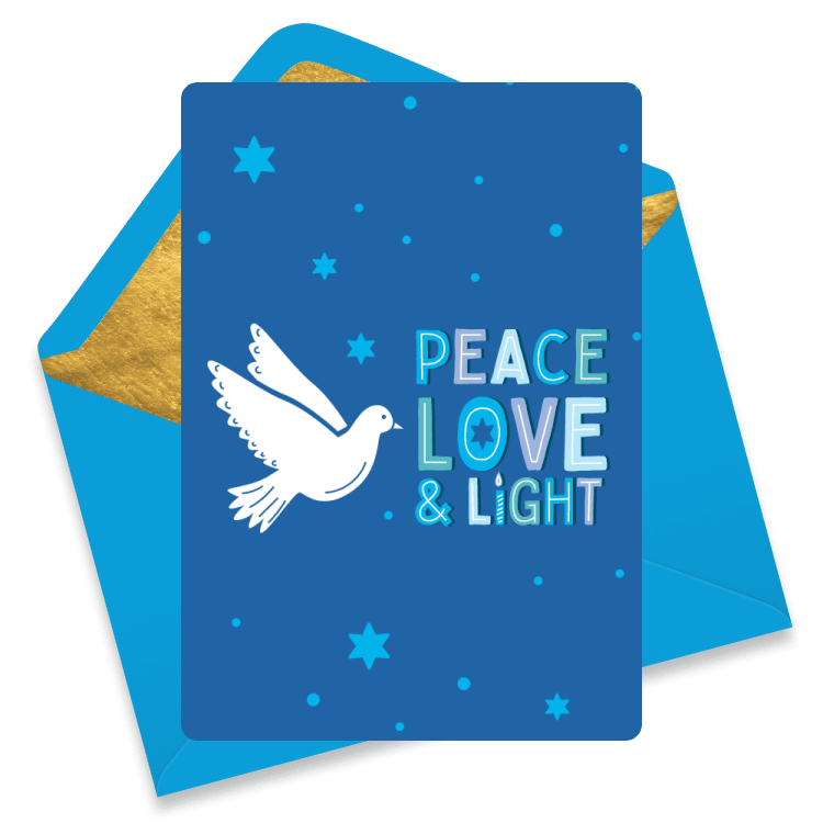 Hanukkah eCard with a dove, stars, and text 'Peace Love & Light' on a blue background