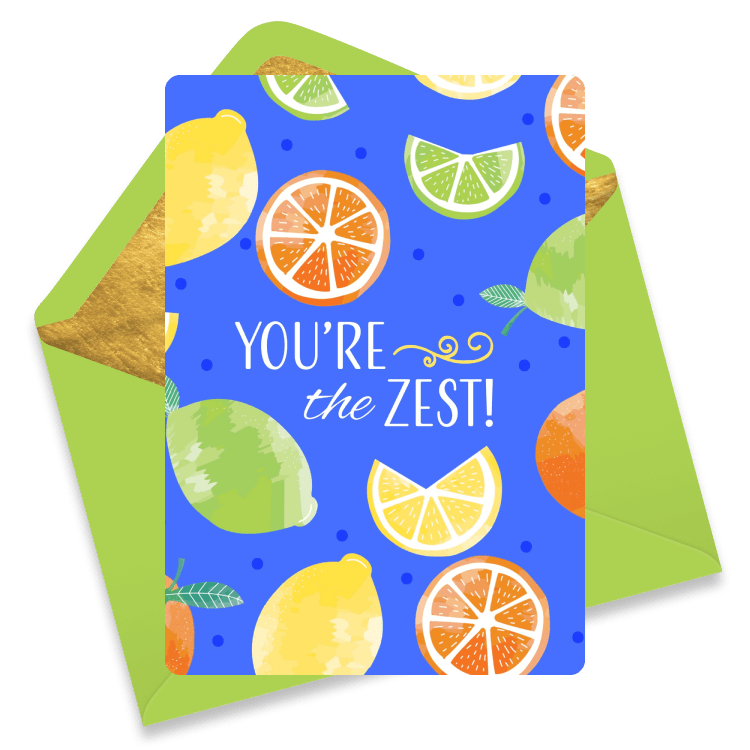 Blue thank you eCard decorated with citrus slices and playful text to express appreciation.