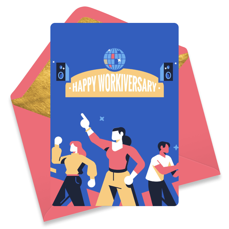 Lively eCard with dancing coworkers under a disco ball and the text 'Happy Workiversary' on a blue background.