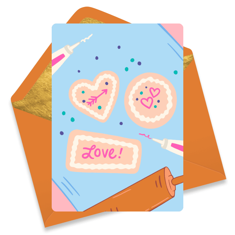 A card featuring heart-shaped cookies and icing that says 'Love'.