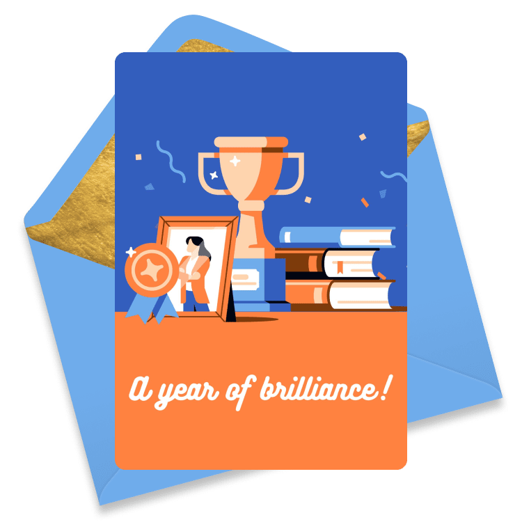 Elegant eCard featuring a trophy, framed award, and stacked books with the text 'A year of brilliance!'.