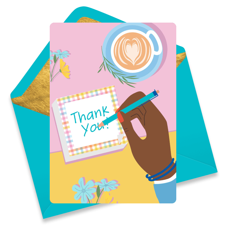 Colorful thank you eCard featuring a desk scene with a thank you note, pen, and accessories to express appreciation.