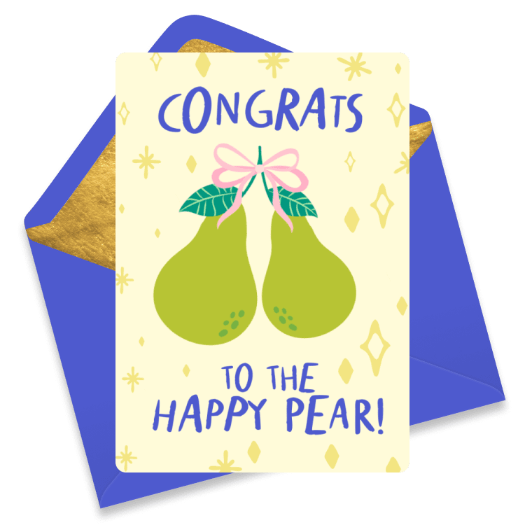 Playful wedding or couple eCard with two illustrated pears tied together with a pink bow, and the text 'Congrats to the Happy Pear!'.