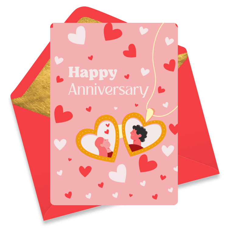 Cute anniversary eCard with pink background, red and white hearts, and illustrated couple portraits in heart-shaped frames with the text 'Happy Anniversary'.