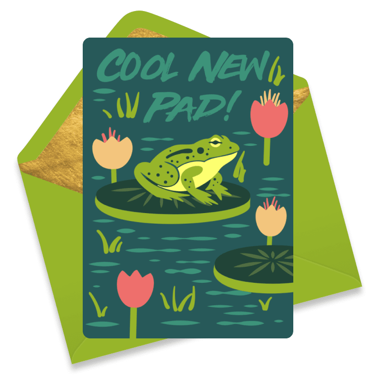 Playful eCard with a frog sitting on a lily pad among flowers, with the text 'Cool New Pad!' in bold lettering above.