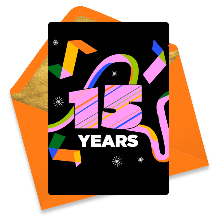 Colorful eCard celebrating 15 years with large pink and striped '15', the word 'Years' below, and confetti on a black background.