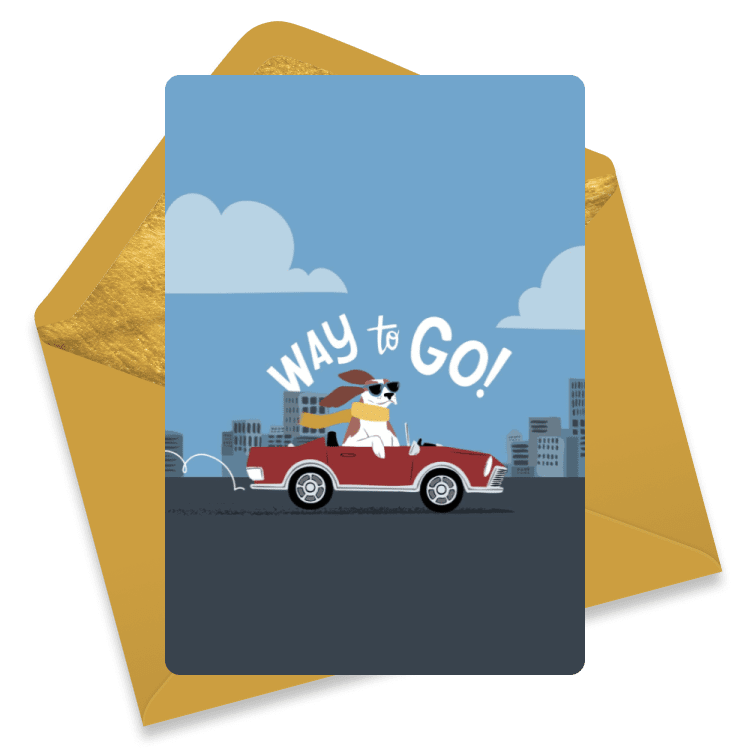 Congratulations eCard with a cool dog driving a red convertible past a city skyline and the phrase Way to Go in curved lettering.