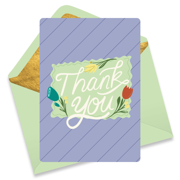 Elegant thank you eCard with soft pastel colors, floral accents, and hand-lettered “Thank You” text on a lavender background—ideal for expressing gratitude with grace and charm.
