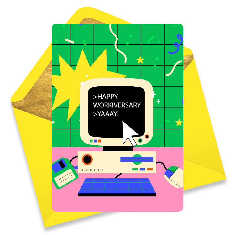 Playful retro-style eCard with an old computer on a green and pink background displaying the text 'Happy Workiversary Yaaay!'.