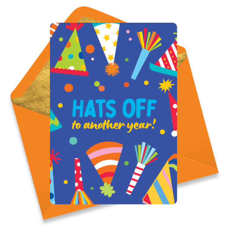 Festive eCard with colorful party hats, horns, and confetti on a blue background with the words 'Hats Off to Another Year!'.