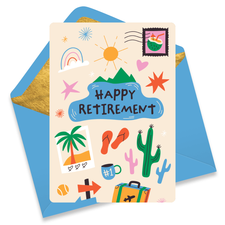 Whimsical eCard with travel-themed illustrations including a suitcase, palm tree, cacti, flip flops, and the text 'Happy Retirement'.
