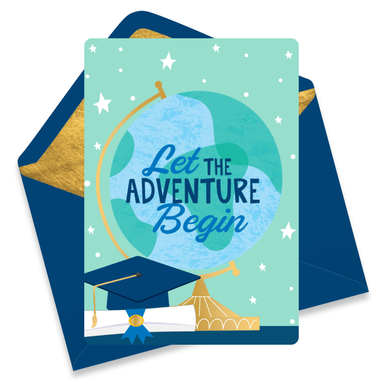 Graduation eCard with a globe, graduation cap, and the text 'Let the Adventure Begin'.