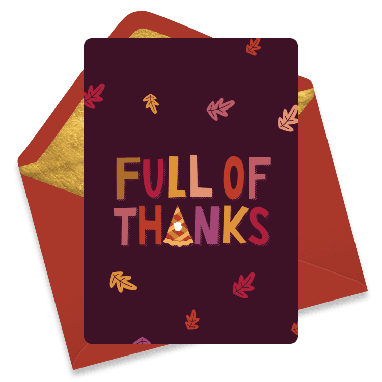 Playful Thanksgiving eCard with autumn leaves and bold text 'Full of Thanks' on a dark background, perfect for expressing gratitude.