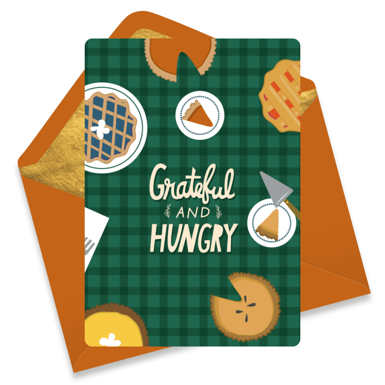 Festive Thanksgiving eCard featuring pies and pie slices on a green plaid background with the words 'Grateful and Hungry' in the center.