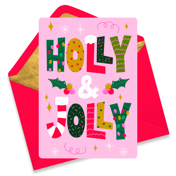 Bright Christmas eCard with colorful text reading 'Holly & Jolly' accented with holly leaves and berries.