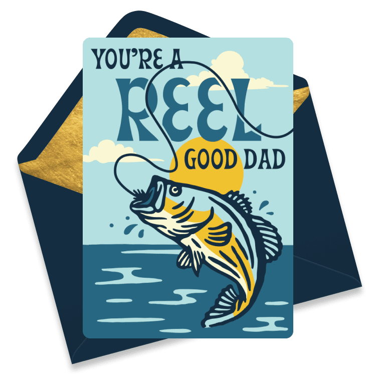 Father’s Day card with a fish jumping out of the water and the text 'You’re a Reel Good Dad' against a sunny background.