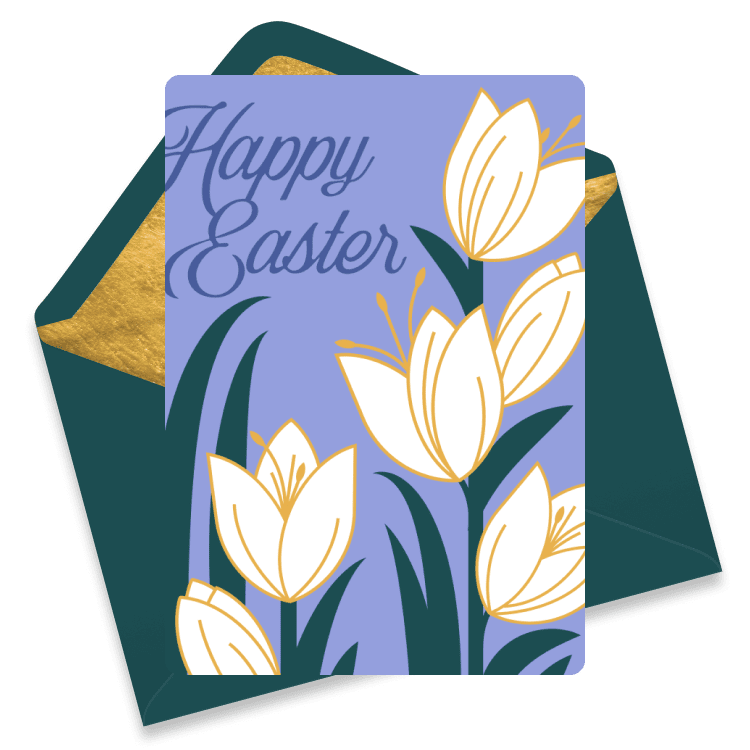 Easter card with white and yellow flowers on tall green stems against a soft purple background, reading 'Happy Easter'.