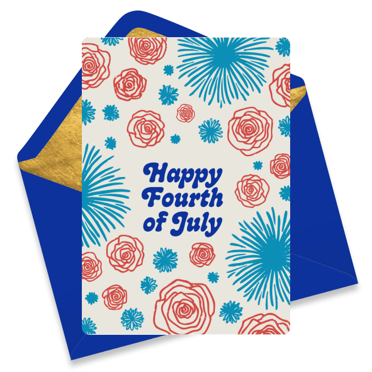 4th of July card with red flowers, blue fireworks, and white background, reading 'Happy Fourth of July'.