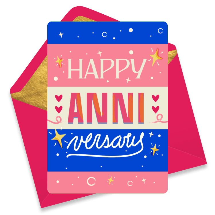 Colorful anniversary eCard with pink and blue background, sparkles, hearts, and the bold text 'Happy Anniversary' in a mix of block and script fonts.
