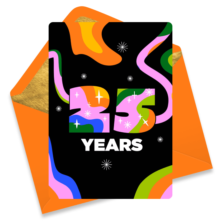 Festive eCard marking 25 years with large colorful '25', sparkling stars, and swirling shapes on a black background.