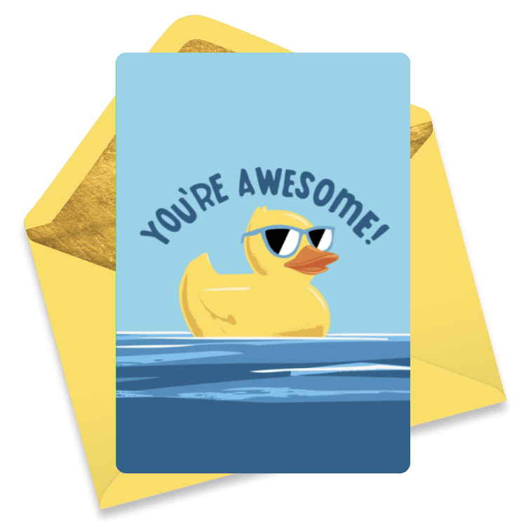Congratulations eCard with a sunglasses duck on the water and the phrase You're Awesome in bold curved type on a blue sky.