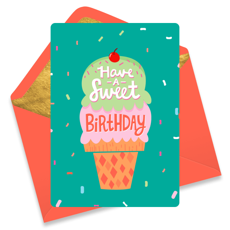 Birthday card with a colorful ice cream cone topped with a cherry and sprinkles, featuring the text 'Have a Sweet Birthday'