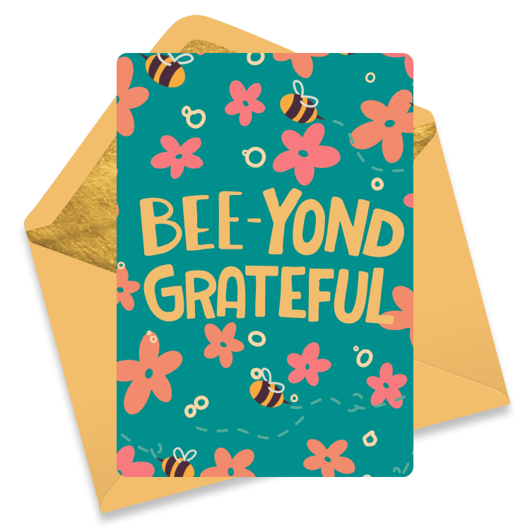 A pleasantly colorful thank you eCard with cartoon bees buzzing around pink pastel flowers. Bold, orange-yellow letters spell 