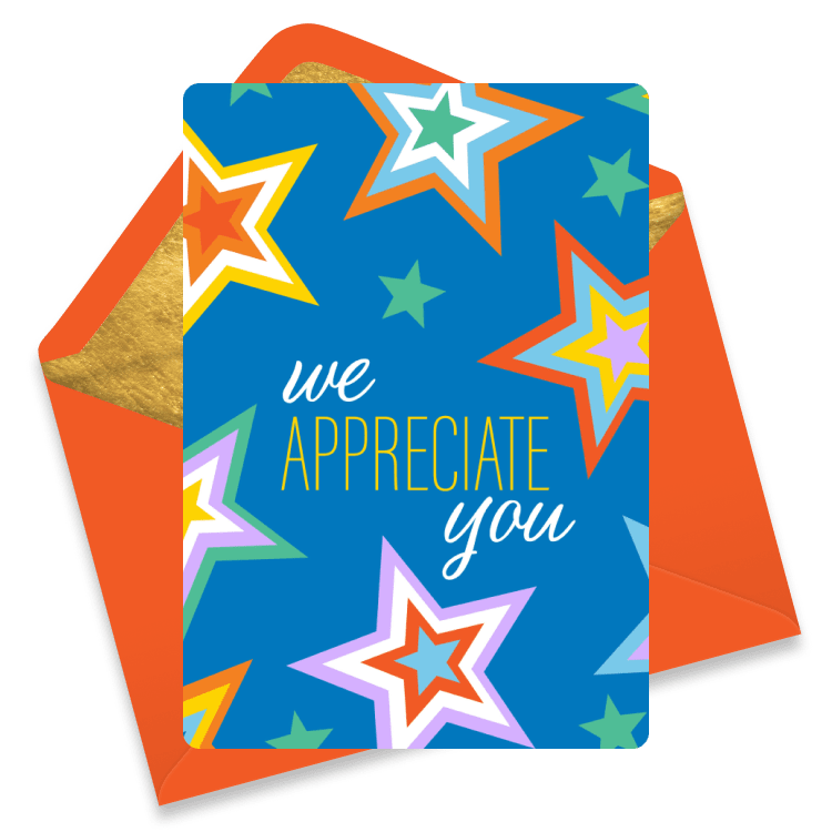 Bright star-themed staff appreciation eCard with the phrase “We appreciate you” in colorful, playful lettering.