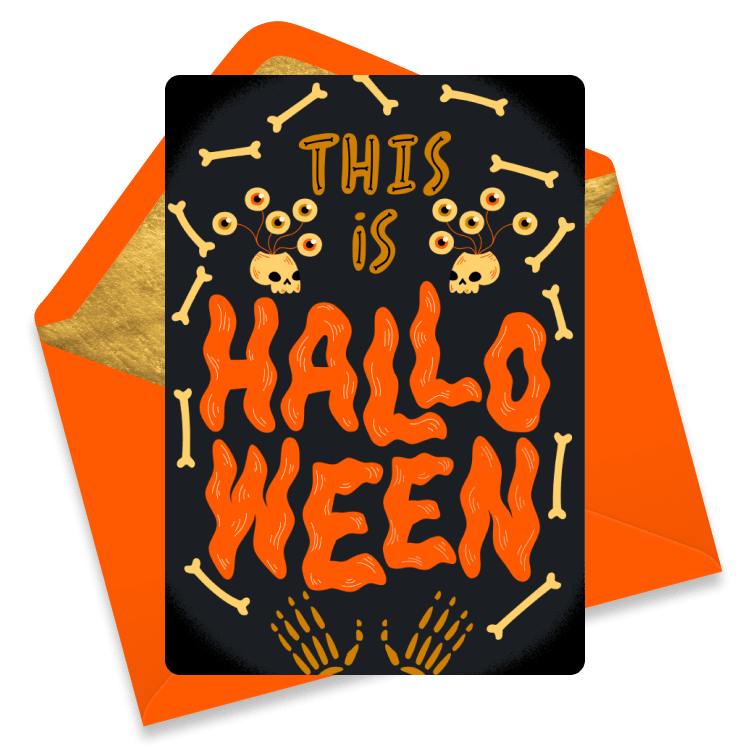 Halloween card with skulls, bones, and orange spooky text reading 'This is Halloween'.
