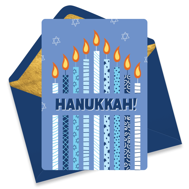 Blue Hanukkah card with patterned menorah candles lit with yellow flames.