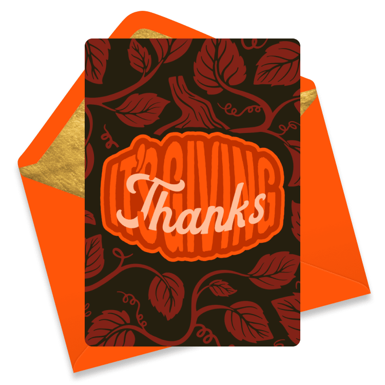 Elegant Thanksgiving eCard featuring a pumpkin-shaped “Thanks” with leafy vines on a dark background; autumn gratitude message.