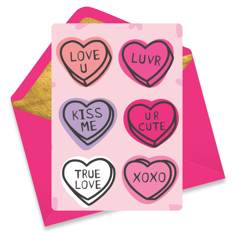Card featuring colorful candy hearts with messages like 'Love U', 'Kiss Me', and 'True Love'.
