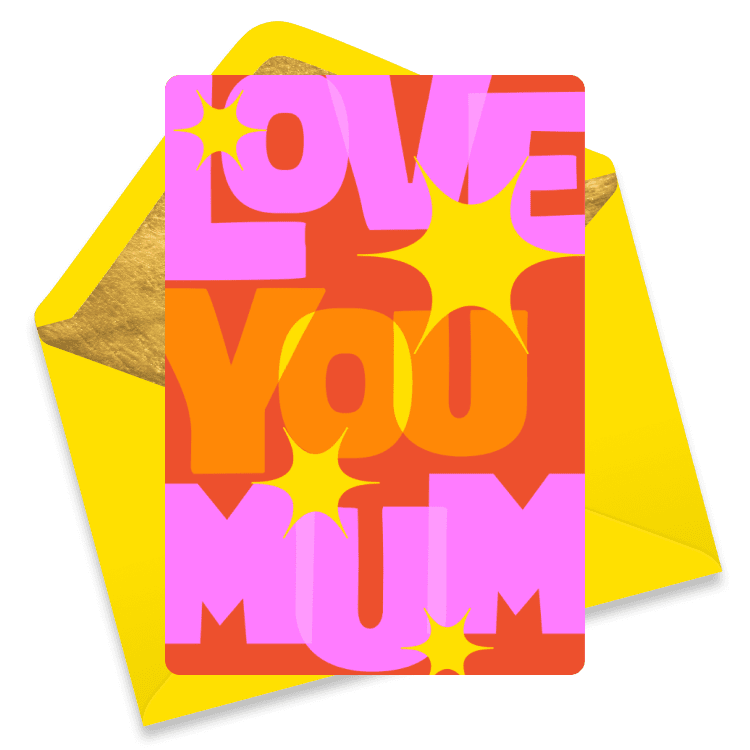 Bold and colorful Mother's Day card with large retro text reading 'Love You Mum'