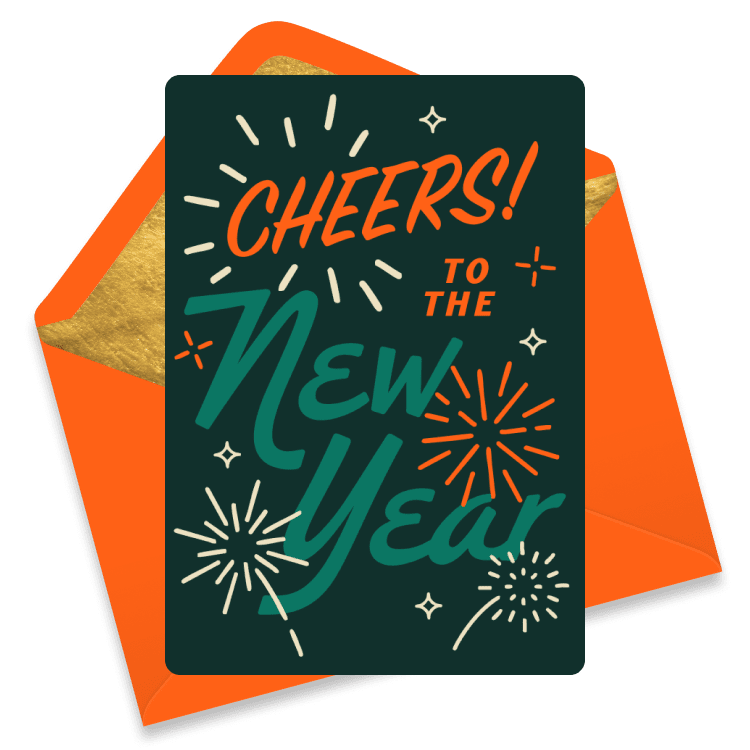 Dark green New Year eCard with hand‑drawn fireworks and bold lettering reading “Cheers! To the New Year”