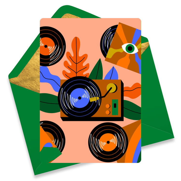 Music-themed congratulations eCard featuring a retro turntable and vinyl records with bold leaves and abstract shapes on a peach background.