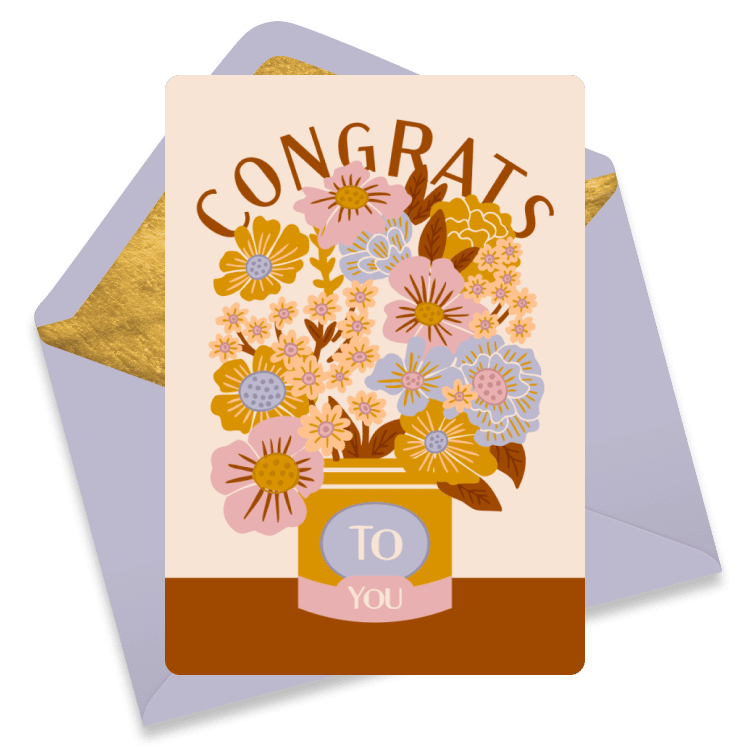 Vintage‑style floral congratulations eCard with a large bouquet and curved text reading “Congrats to You.”