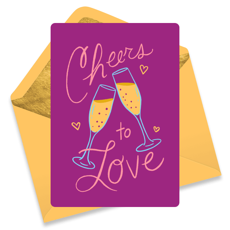 Romantic eCard with two clinking champagne flutes on a purple background, surrounded by hearts and the text 'Cheers to Love'.
