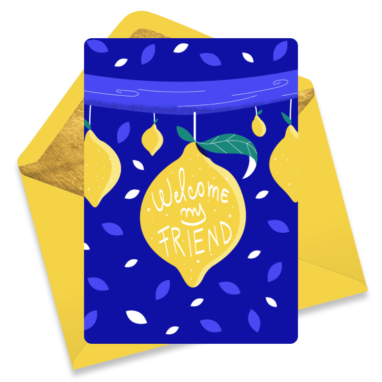 Cheerful eCard with a lemon-themed design on a blue background, featuring the text 'Welcome my Friend' on a large central lemon.