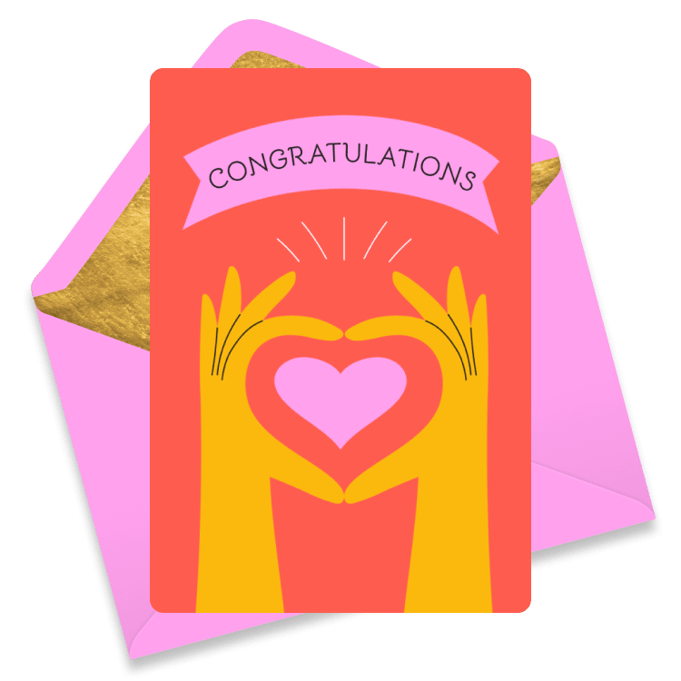 Bright eCard with hands forming a heart shape around a pink heart on an orange background with the word 'Congratulations'.