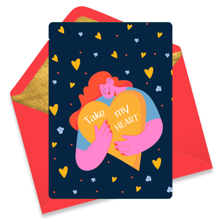 Romantic eCard with a person holding a heart and the words 'Take My Heart'.