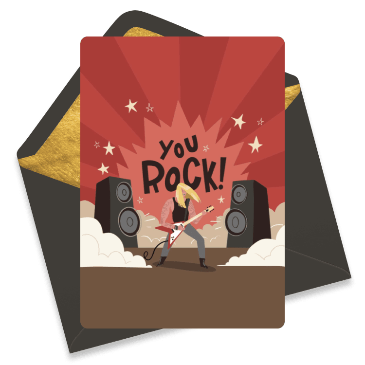 Congratulations eCard with a guitarist on stage, large speakers, and stars around the words You Rock in bold comic lettering.
